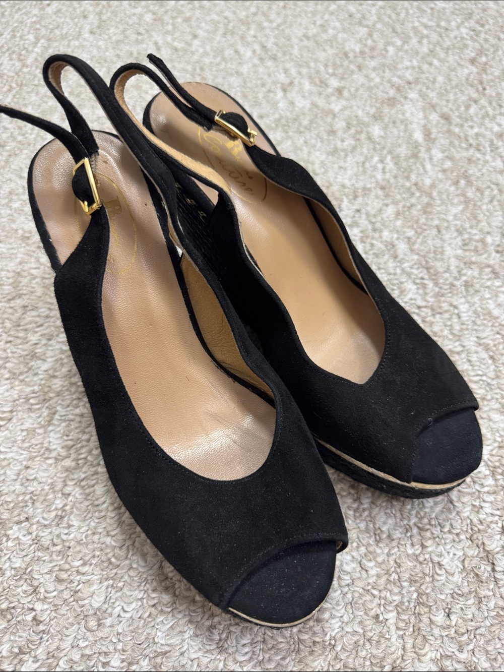 Browns Classic Black Suede Peep-Toe Slingback Wedge